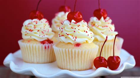 white cupcake with cherry #cupcakes #dessert #sprinkles cherries (food) #2K #wallpaper # ...