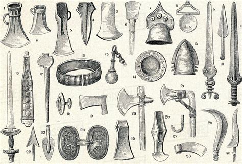 Bronze Age weapons, tools and relics. From Enciclopedia Ilustrada Segui, published c. 1900 ...