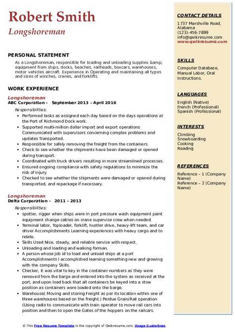 Longshoreman Resume Samples | QwikResume