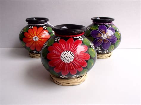 Artesanías Barro Negro Juego De 3 Ollitas De Flores Colores - $ 250.00 en Mercado Libre