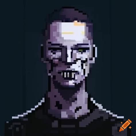 Black and white pixel art of a cyberpunk character with implants