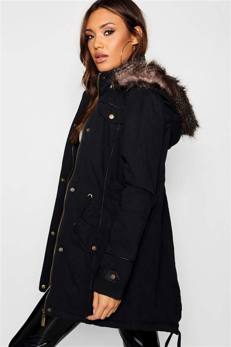 Faux Fur Trim Hood Parka Coat | Fur hood jacket, Womens parka, Womens ...