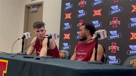 Iowa State’s Caleb Grill (left) and Jaren Holmes talk about the layoff