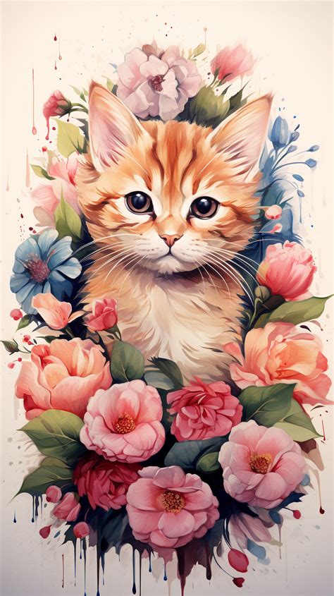 Kitten And Flowers Illustration Free Stock Photo - Public Domain Pictures