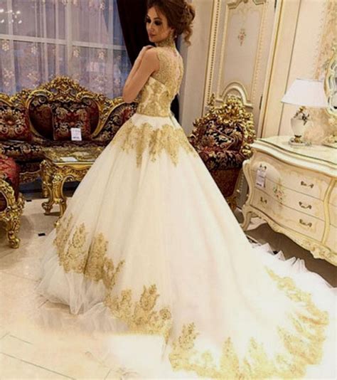 White And Gold Wedding Gowns | Gold wedding gowns, Ball gowns wedding ...