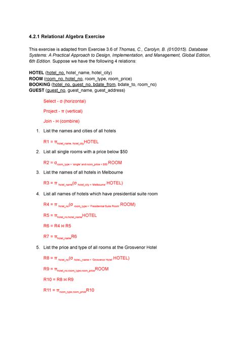 Relational algebra final - 4.2 Relational Algebra Exercise T h i s e x ...