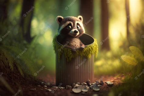 Premium Photo | Cheeky raccoon peeking out from behind a trash can