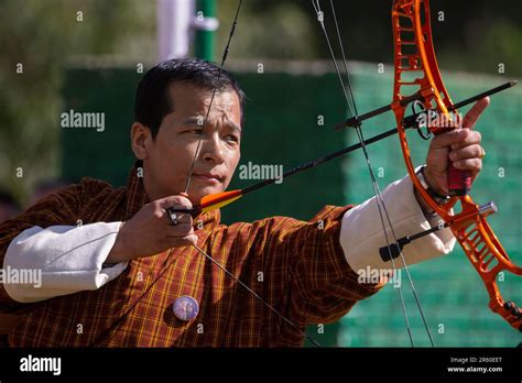 Archery competition in Thimphu, Bhutan. Archery is the national sport ...