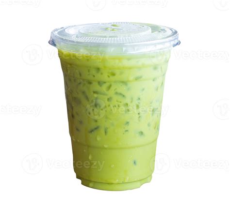 Iced matcha latte or Thai condensed milk-added green tea in transparent ...