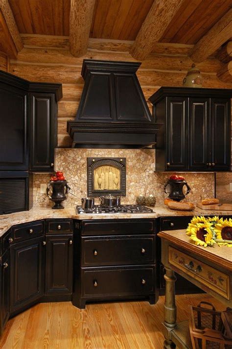 39 Sensational Black Kitchens Cabinets To Inspire (4) | Log home kitchens, Log home interiors ...