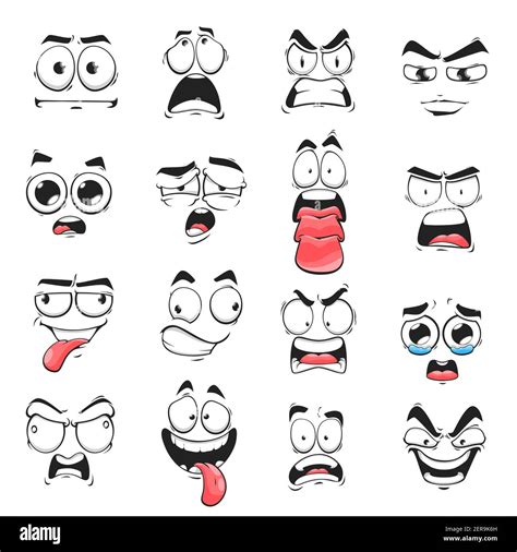 Cartoon face expression isolated vector icons, negative emoji evil, scared and shocked, gloat ...