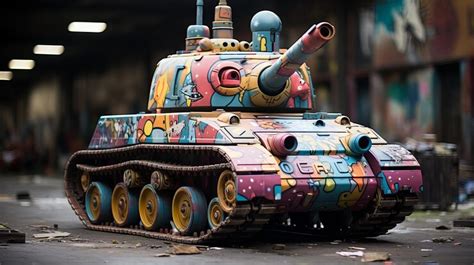 Premium AI Image | Military tank painted with bright graffiti paint ...