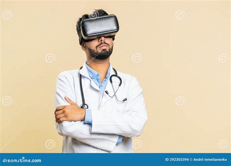 Excited Doctor in VR Goggles Man Using Headset Helmet App, Watching Virtual Reality 3D 360 Video ...