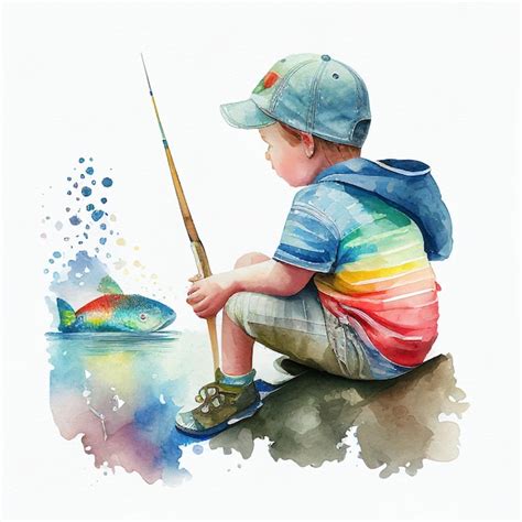 Premium AI Image | A watercolor painting of a boy fishing with a fish