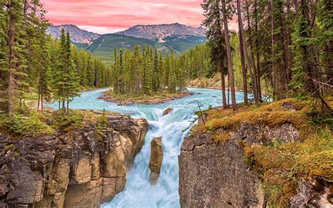 Sunrise In Jasper National Park Alberta Canada Falls On Sunwapta River Desktop Wallpaper Hd ...