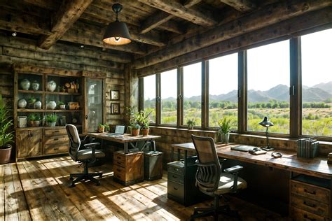 Rustic-style (office interior) with cabinets and plants and windows and ...