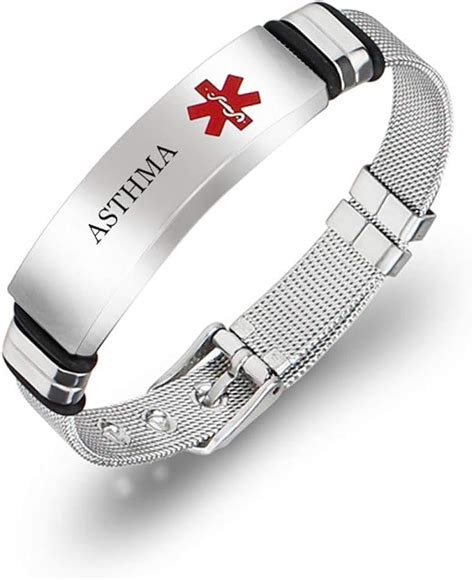 Asthma Medcial Alert ID Bracelet for Men Women - Stainless Steel Mesh Belt Chain Emergency Medic ...