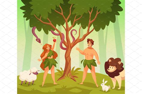 Adam and eve. Bible story scene | Animal Illustrations ~ Creative Market