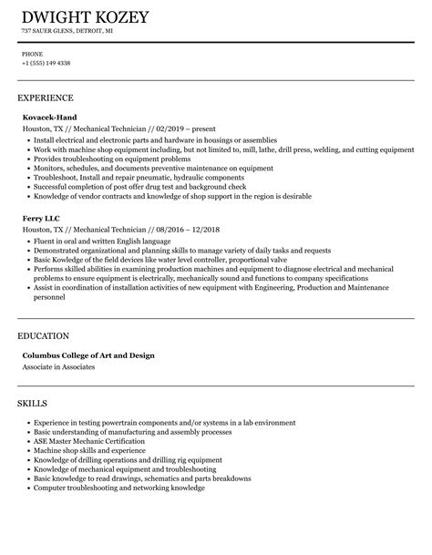 Mechanical Technician Resume Samples | Velvet Jobs