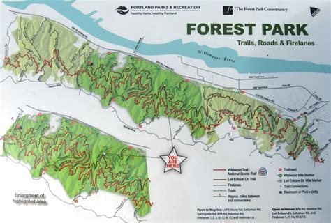 The overall map of Forest Park, an urban forest of over 5000 acres in Portland, OR. It contains ...