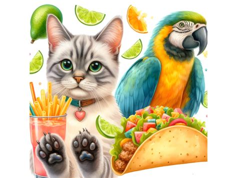 Cat, Parrot, and Tacos in Paw Graphic by A.I Illustration and Graphics · Creative Fabrica