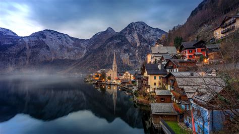 Beautiful town, Hallstatt, Austria, Alps, lake, mountains, houses, dawn Wallpaper | 1920x1080 ...