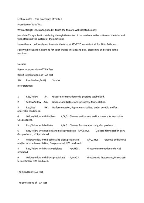 Lecture notes – The procedure of TSI test - Inoculate TSI agar by first ...