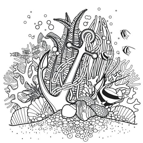 coral reef plants coloring pages anchor and drawn in line art style ocean fish | Coral reef ...