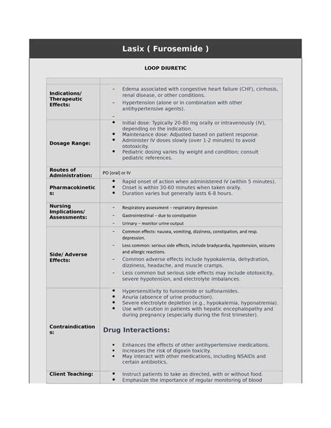 Lasix - (2001 ) copy - Drug Card - Lasix ( Furosemide ) LOOP DIURETIC Indications/ Therapeutic ...