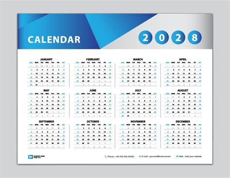 plantilla de calendario 2028, diseño de calendario de escritorio 2028, calendario de pared año ...