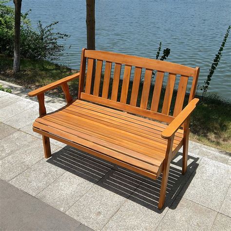 Mcombo Patio Wood Garden Bench 2-Seat ,Outdoor Acacia Loveseat furniture, All-Weather Bench with ...