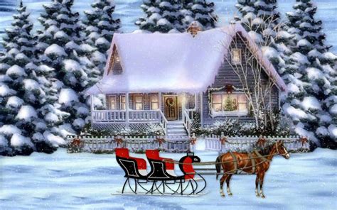 Download Tree Snow Winter House Sleigh Reindeer Holiday Christmas Wallpaper