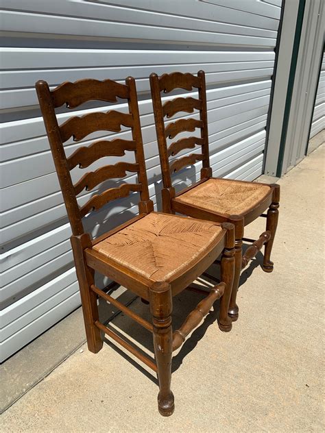 2 Antique Ladderback Rush Seat Dining Chairs Vintage Chair Kitchen Seating Wood Country French ...