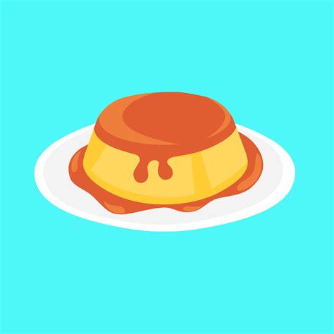 Custard pudding with melted caramel. Design in cartoon style isolated on blue background. It is ...