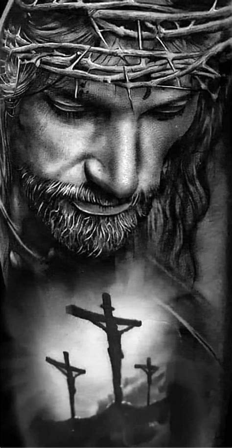 Black and white image of Jesus Christ on cross. Large head with crown of thorns. Three crosses ...