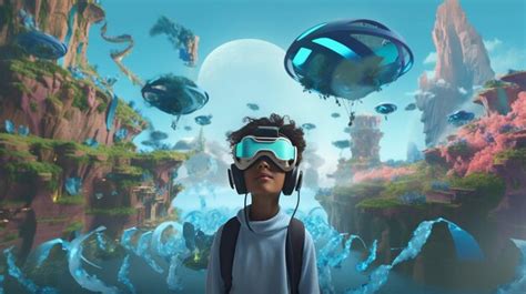 Premium AI Image | A Kid with VR glasses in some fantastic imaginative gaming world Ai generated