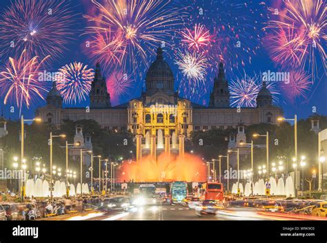 Fireworks, Montjuic, Barcelona, Catalonia, Spain, Europe Stock Photo ...