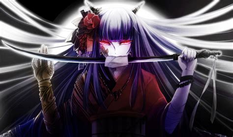 Purple haired demon girl with sword anime character HD wallpaper ...