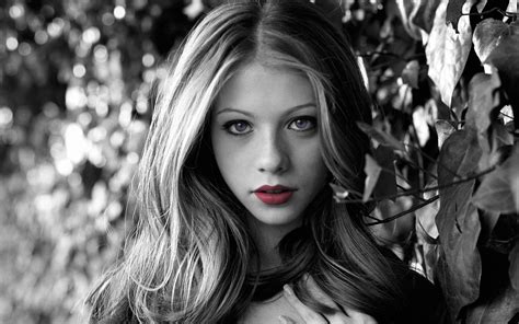 leaves, Michelle Trachtenberg, model, bokeh, blue eyes, actress, selective coloring, women, red ...