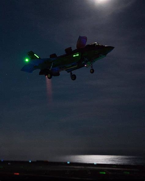 F-35B Vertical Takeoff from Aircraft Carrier at Night : aviation