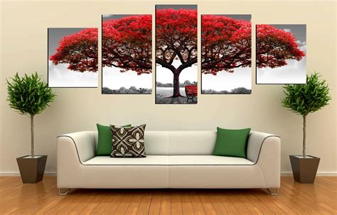 Unframed 5 Panels Large Red Tree Painting Modern Home Wall Decor For ...