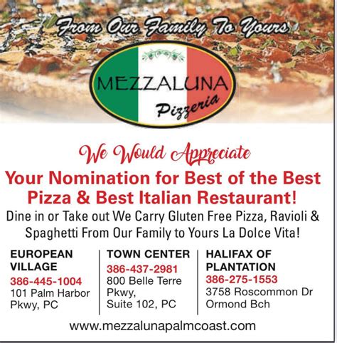 Menu at Mezzaluna Pizzeria at Halifax Plantation, Ormond Beach, Roscommon Dr