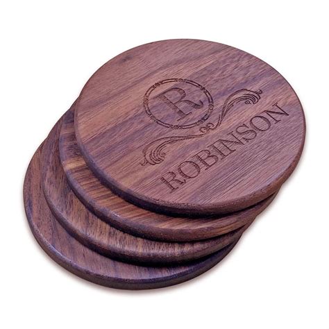 Personalized Walnut Wood Round Coaster Set – Hailey Home