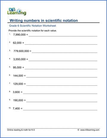 Grade 6 Math Worksheets: Writing numbers in scientific notation | K5 Learning