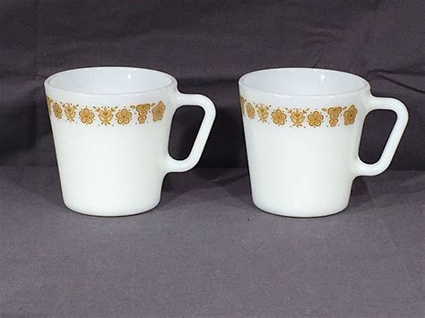 Vintage Butterfly Gold Mugs (2), Pyrex D Handle 1410 Coffee Cups, White & Gold Milk Glass ...