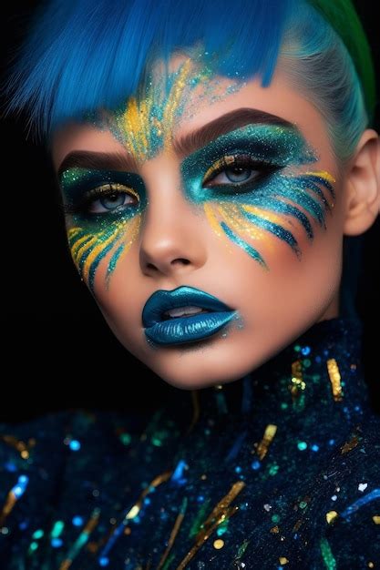 Premium AI Image | A woman with blue makeup and blue eyes with glitter ...