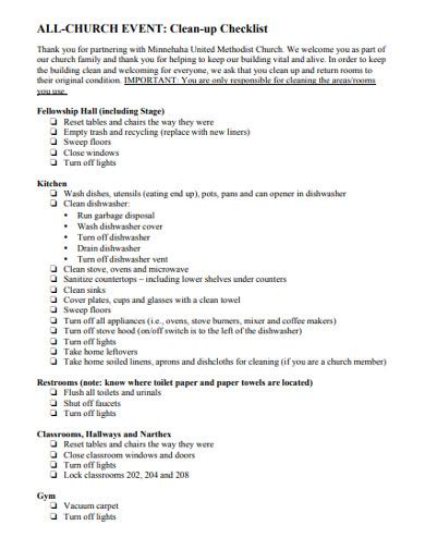 Church Cleaning Checklist - 7+ Examples, Format, Pdf