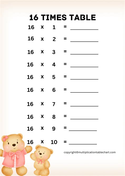 Sixteen Times Table Worksheet | Multiplication Table