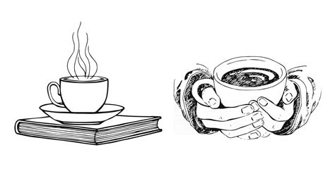 Hand drawn sketch of hands holding a cup of coffee or tea and book ...
