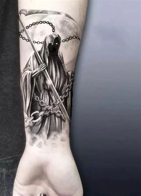 Large Black Grim Reaper Temporary Tattoo Click for More Details. Realistic Size 7x4 Chains Moon ...